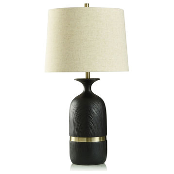 Satin Black Table Lamp Polyresin Brushed and Brushed Brass Oatmeal Shade