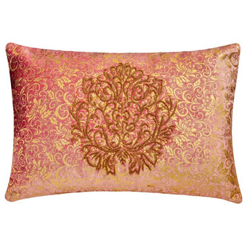 Pink Velvet Foil, Damask & Zardozi 12"x24" Lumbar Pillow Cover - Mumtaaz