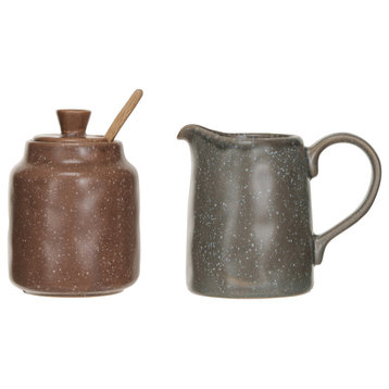 Stoneware Creamer and Sugar Pot Set With Bamboo Spoon, Grey and Brown