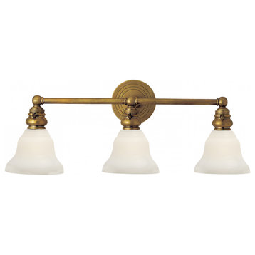 Wall Sconce, 3-Light Hand-Rubbed Antique Brass, White Glass Desk Shade, 9"H