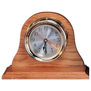 4.5" Polished Brass Quartz Clock With Oak Wood Base
