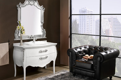 Example of a large classic master bathroom design in Miami with white cabinets, a drop-in sink, marble countertops and white countertops