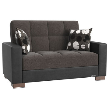 Unique Sleeper Loveseat With Tufted Seat, Gray Chenille/Black Leatherette