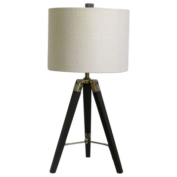 28" Structured Tripod Weathered Espresso Wood & Antique Brass Metal Table Lamp