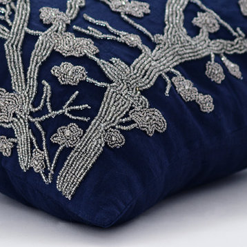 Blue Art Silk Sequins & Beaded Bird Pillows Cover, Birdy Flight, 6. Navy Blue (Silver Magnolia), 14"x14"