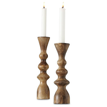 Turned Wooden Candle holders, 2 Piece Set