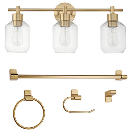 5-Piece Matte Brass All-In-One Bathroom Hardware 3-Light Vanity Light Fixture