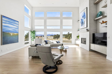 Inspiration for a large modern open concept light wood floor living room remodel in Denver