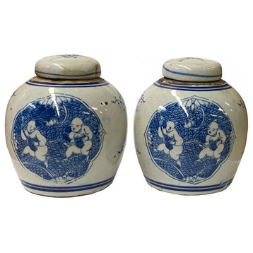 Pair Blue White Small Oriental Graphic Porcelain Ginger Jars Hws951