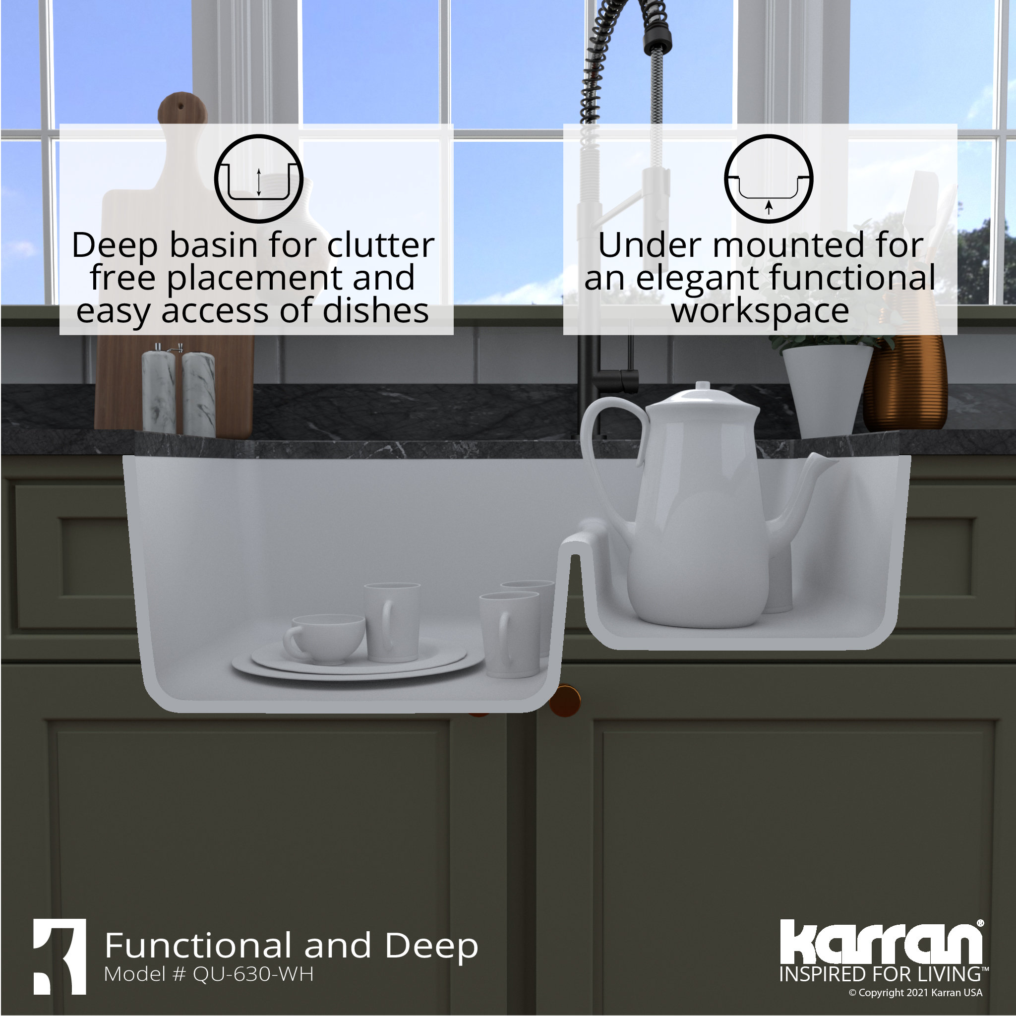 Karran Undermount Quartz 32" 60/40 Double Bowl Kitchen Sink, White