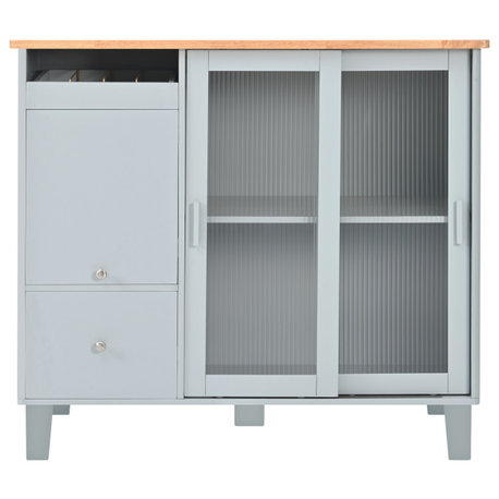 Rubberwood Kitchen Cart, Drop Leaf, Flip Cabinet Door, and 2 Drawers, Grey Blue