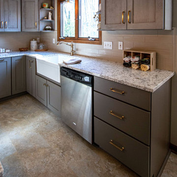 2 Tone Gray Kitchen with Quartz Countertop and Crackle Tile Backsplash