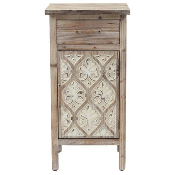 LuxenHome Damask Carved Wood 1-Door 1-Drawer End Table with Storage