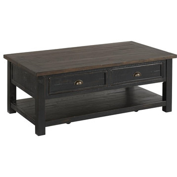 Coastal Coffee Table, 2 Storage Drawers With Lower Open Shelf, Black/Brown