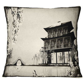 Chinese Ink Painting Chinese Landscape Printed Throw Pillow, 16"x16"