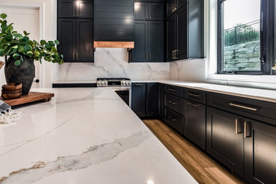 Light wood floor and brown floor kitchen photo in Other with recessed-panel cabinets, black cabinets, quartz countertops, white backsplash, stone slab backsplash, stainless steel appliances, an island and white countertops