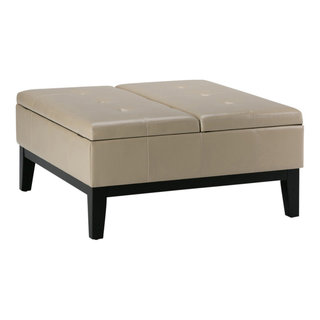 Simpli Home Owen Tray Top Small Coffee Table Storage Ottoman in Distressed Grey Faux Leather