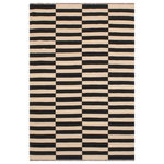 Bareens Designer Rugs - Modern Turkish Kilim Tena Hand-Woven Wool Rug - 5'9'' x 8'0'' - Elevate the elegance of your home with this stunning hand-woven tribal Kilim wool rug. Meticulously crafted on a loom by the Nomad Turkman people using hand-spun wool and 100% natural vegetable dyes, these rugs are recognized for their repetitive geometric patterns, incorporating naturalistic floral and traditional designs. The contemporary fashion palette results in bold, sharp patterns that are incredibly versatile, as the pattern is the same on both sides. These reversible rugs feature a lighter shade on one side and brighter colors on the other, providing versatility according to preference. These unique rugs are made by knotting short strands of different colors onto the warps and securing them by tightly pressing the wefts. The designs are created by interweaving the various colored wefts and warps. Kilims are known for their exceptional durability and versatility, making them truly unique rugs.  Product Details    Rug Size: 5'9'' x 8'0''  Material: 100% Wool  Style: Kilim, Flat Weave, Dhurrie, Turkish, Southwestern, Rustic, Tribal  Colors: Beige, Black  Weave Type: Hand-Woven, Handmade  Pile Height: Less than 0.25 inch