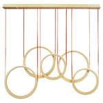 ET2 Lighting - Tether 5-Light LED Pendant - Tapered Antique Brass rings suspend from leather straps in this playful design. Within these rings, concealed LED light sources provide indirect light. This light casts light on neighboring rings while simultaneously illuminating the area above and below the fixture. Suitable for both modern and transitional settings.