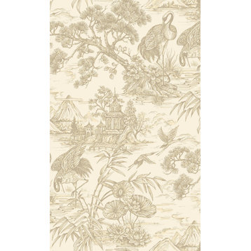 Majestic Crane Tropical Print Textured Wallpaper 57 Sq. Ft., Cream, Sample