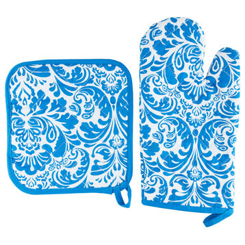 Oven Mitt And Pot Holder Set, Quilted Flame Heat Resistant By Lavish Home, Blue