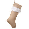 Holiday Décor Jute Design Natural Christmas Stocking, White Faux Fur and Beads