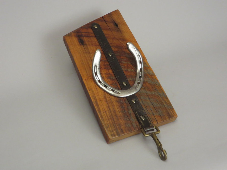 #R15047 Coat Rack Reclaimed Poplar, horseshoes, leather.