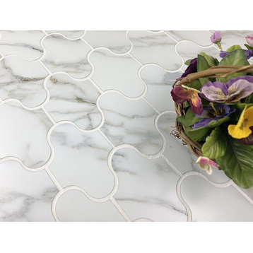 Nature 3.5 in x 5.125 in Glass Swag Waterjet Mosaic in Calacatta White Gold