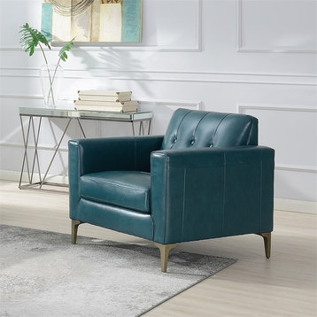 Maklaine 19" Mid-Century Leather Tufted Back Accent Chair in Turquoise
