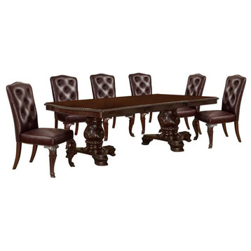 Furniture of America Ramsaran Faux Leather 7-Piece Dining Set in Brown Cherry