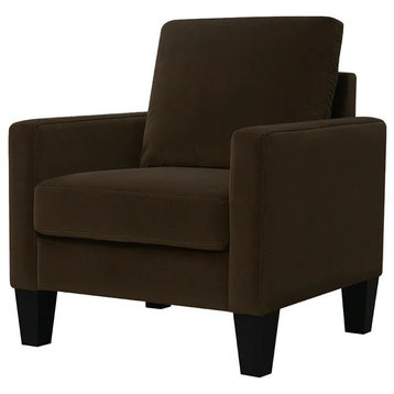 Minimalistic Accent Chair, Velvet Upholstered Seat With Track Armrests, Brown