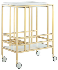 Inspired Home Weili Bar Cart, Removable Serving Tray/Casters, Gold/White