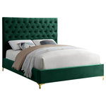 Meridian Furniture - Cruz Velvet Upholstered Bed, Green, Queen - Revamp your bedroom space with this sumptuously crafted Cruz queen bed from Meridian furniture. The star of the show here is the headboardits tufted with deep button tufts that not only keep its thick padding in place and aloft, but also add a modern, textural look to your space. Sleek green velvet upholstery feels luxuriously upscale to the touch, and the high headboard and the minimalist platform frame with metal feet add a timelessly contemporary silhouette to your space.