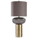 StyleCraft - Tiffin Table Lamp Smoke Finish On Glass Body With Antique Brass Finish - The Tiffin Table Lamp by Harp and Finial offers a luxurious and elevated look with its textural and sleek elements. A smoke finish on the textured glass body is balanced by the antique brass metal base, topped with a linen hardback shade. This distinctive table lamp imparts a polished feel to the living room or entryway.