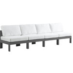 Meridian Furniture - Nizuc Water Resistant Patio Modular Straight Sofa, White, 4-Piece: 4 Armless Chair, Dark Gray Aluminum Frame - Pick and choose your favorites from the Nizuc collection to create a modular seating group the whole gang will enjoy. The sturdy aluminum frame provides dependable support for friends and family as they relax and unwind, and the resilient white water resistant fabric stands up to the elements without losing its beautiful demeanor, so you can count on it lasting for the long haul. Latches beneath these seating pieces help you easily attach them to one another for convenient setup.