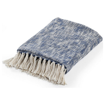 Boho Chambray Throw Blanket with Fringe, Navy Blue