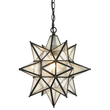Moravian Star Pendant Lighting Seeded Glass Hanging Light, Black, 16"