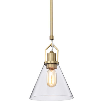 1-Light Vintage Brass Mini Pendant With Clear Cone Glass Shade