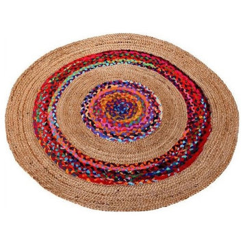 Farmhouse Round Area Rug, Natural Jute With Multicolored Boundary Accents, 6'