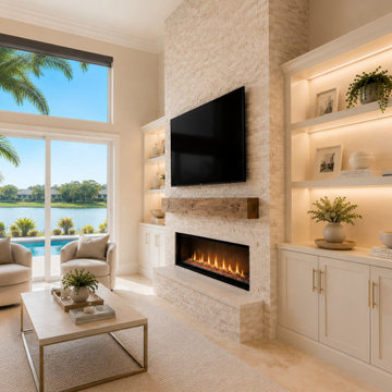 Custom Stone Fireplace TV Wall with Built-In Shelving