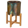 Evergreen Metallic Patina Planter With Wood Stand Set of 2