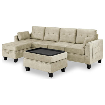 Classic Sectional Sofa, Velvet Upholstered Seat With 2 Movable Ottomans, Beige