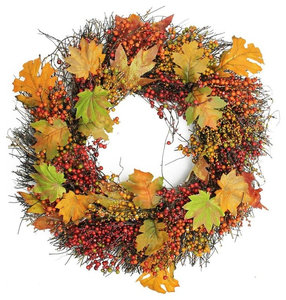 Autumn Harvest Maple Leaf & Berry Artificial Thanksgiving Floral Wreath, Unlit
