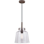 Vaxcel - Milone 10" Pendant Textured Rustic Bronze - This rustic inspired soft industrial loft collection called Milone produces a bold statement. The textured rust finish together with the clear seeded jar glass are artistically combined to create an ageless appeal with a modern twist. Combine that with a vintage Edison style filament bulb to complete the look. It blends well with transitional, farmhouse, cottage, and loft interiors. This pendant is ideal for kitchens, dining areas, and foyers.