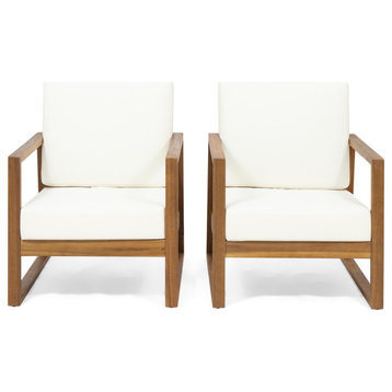 Mavis Outdoor Acacia Wood Club Chair With Cushions, Set of 2, Teak/Beige