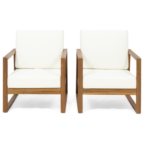 Mavis Outdoor Acacia Wood Club Chair With Cushions, Set of 2, Teak/Beige