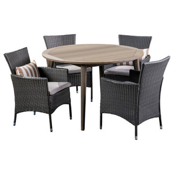 GDF Studio 5-Piece Hearn Outdoor Wood and Wicker Dining Set, Gray/Gray/Silver