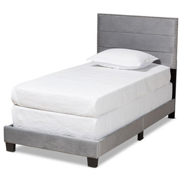 Tamira Glam Gray Velvet Fabric Upholstered Twin Size Panel Bed