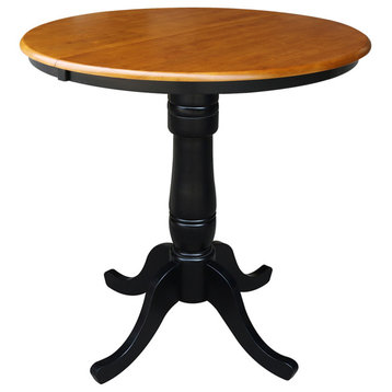36" Round Top Pedestal Table With 12" Leaf, Black/Cherry, 34.9 Inch High