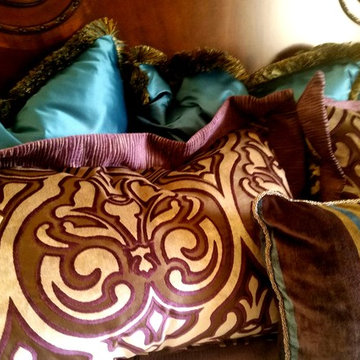 Victorian Bedroom Dressed in Eggplant, Teal & Gold.